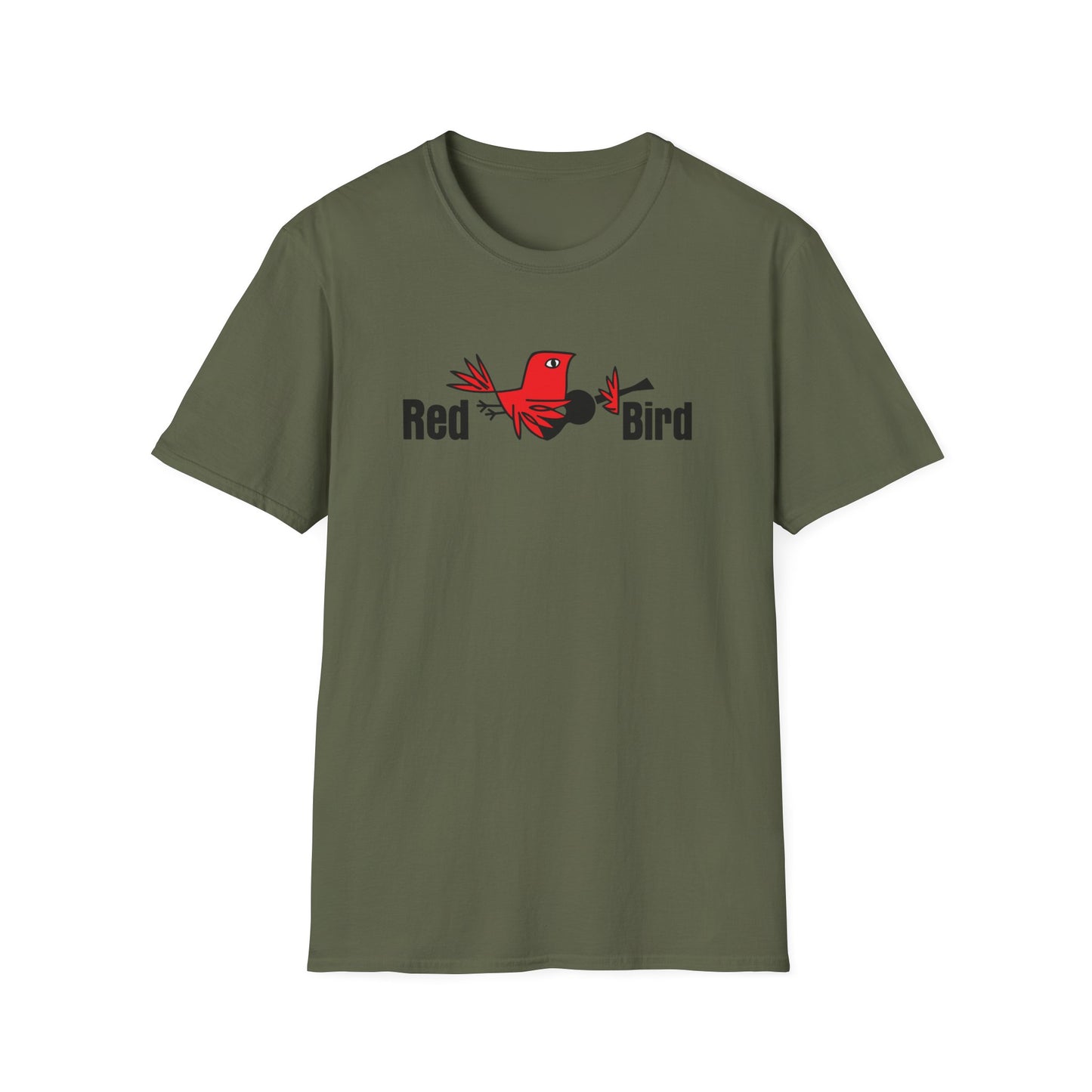 Olive green t-shirt with a stylized red bird and the text "Red Bird".