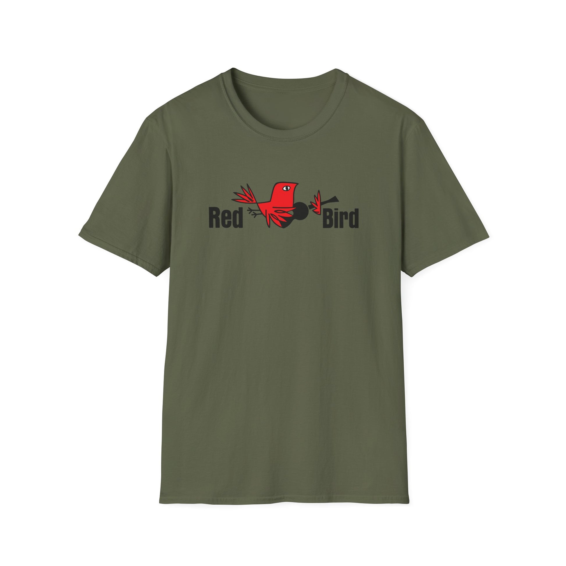 Olive green t-shirt with a stylized red bird and the text "Red Bird".