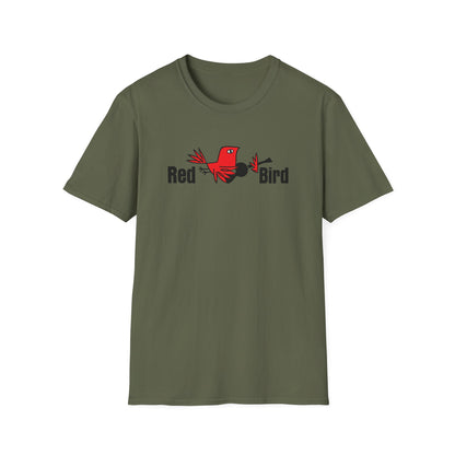Olive green t-shirt with a stylized red bird and the text "Red Bird".