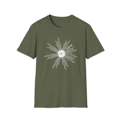 Olive green t-shirt with white Sun-Ra graphic and "Space is the Place" text.