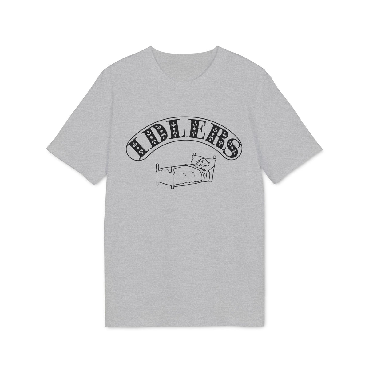 A grey short-sleeved t-shirt with a black graphic of a person sleeping in a bed beneath arched text reading IDLERS.