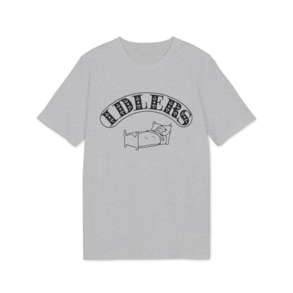 A grey short-sleeved t-shirt with a black graphic of a person sleeping in a bed beneath arched text reading IDLERS.