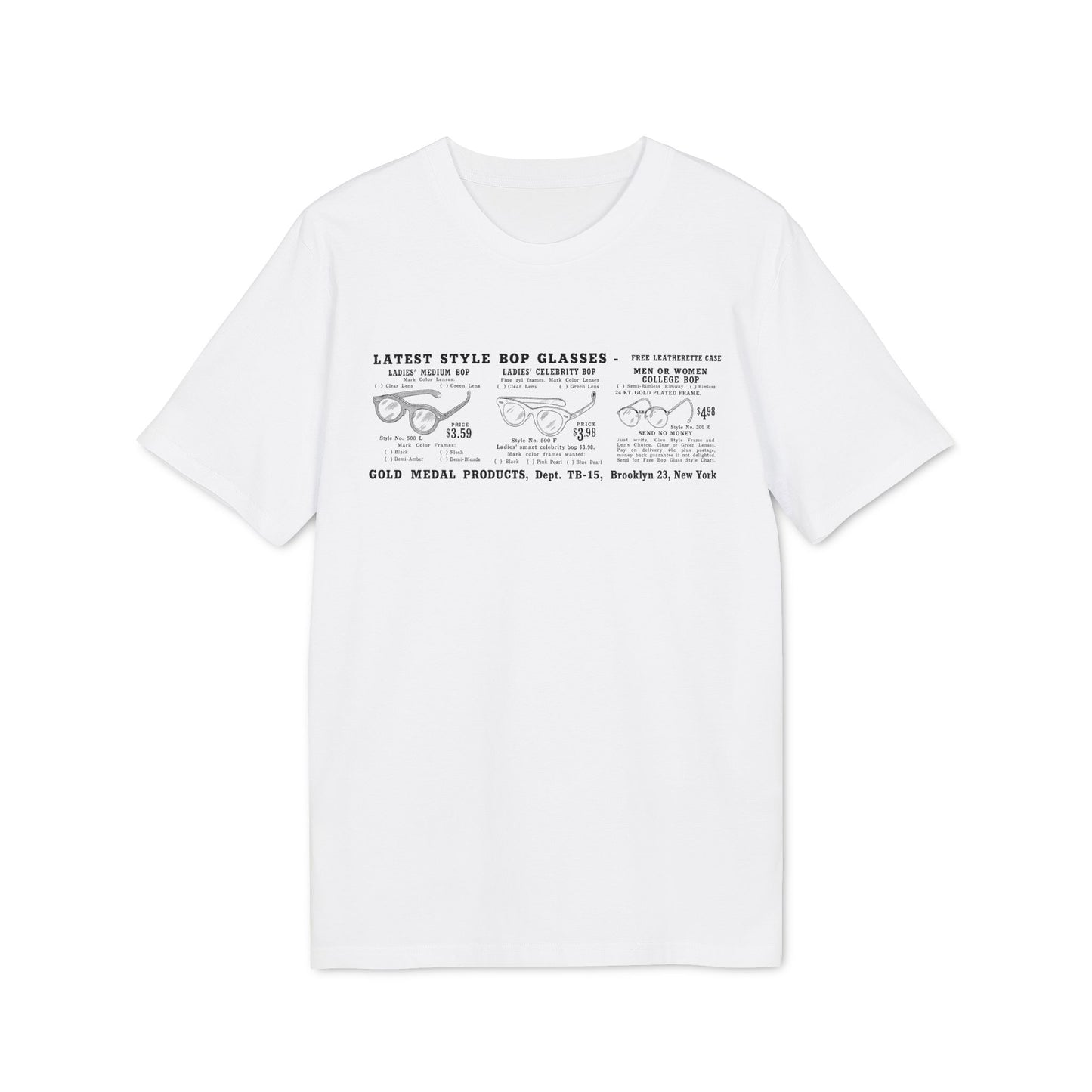 White t-shirt featuring graphic of vintage bop glasses with prices and order details.