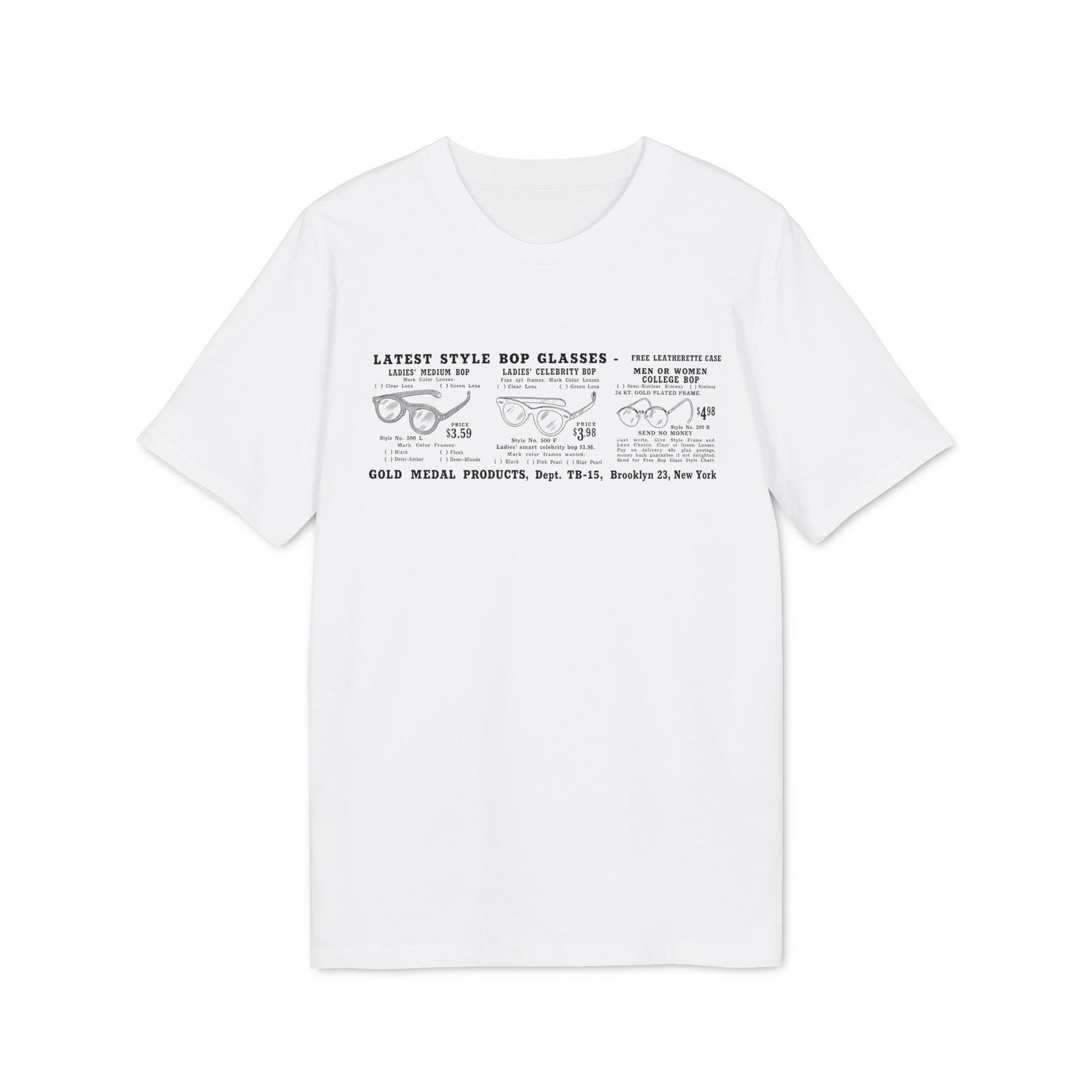 White t-shirt featuring graphic of vintage bop glasses with prices and order details.