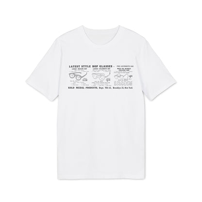White t-shirt featuring graphic of vintage bop glasses with prices and order details.