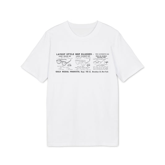 White t-shirt featuring graphic of vintage bop glasses with prices and order details.