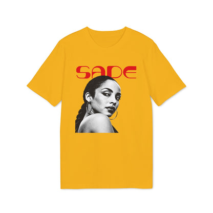 A gold crewneck t-shirt featuring a black and white graphic of Sade with red text above.