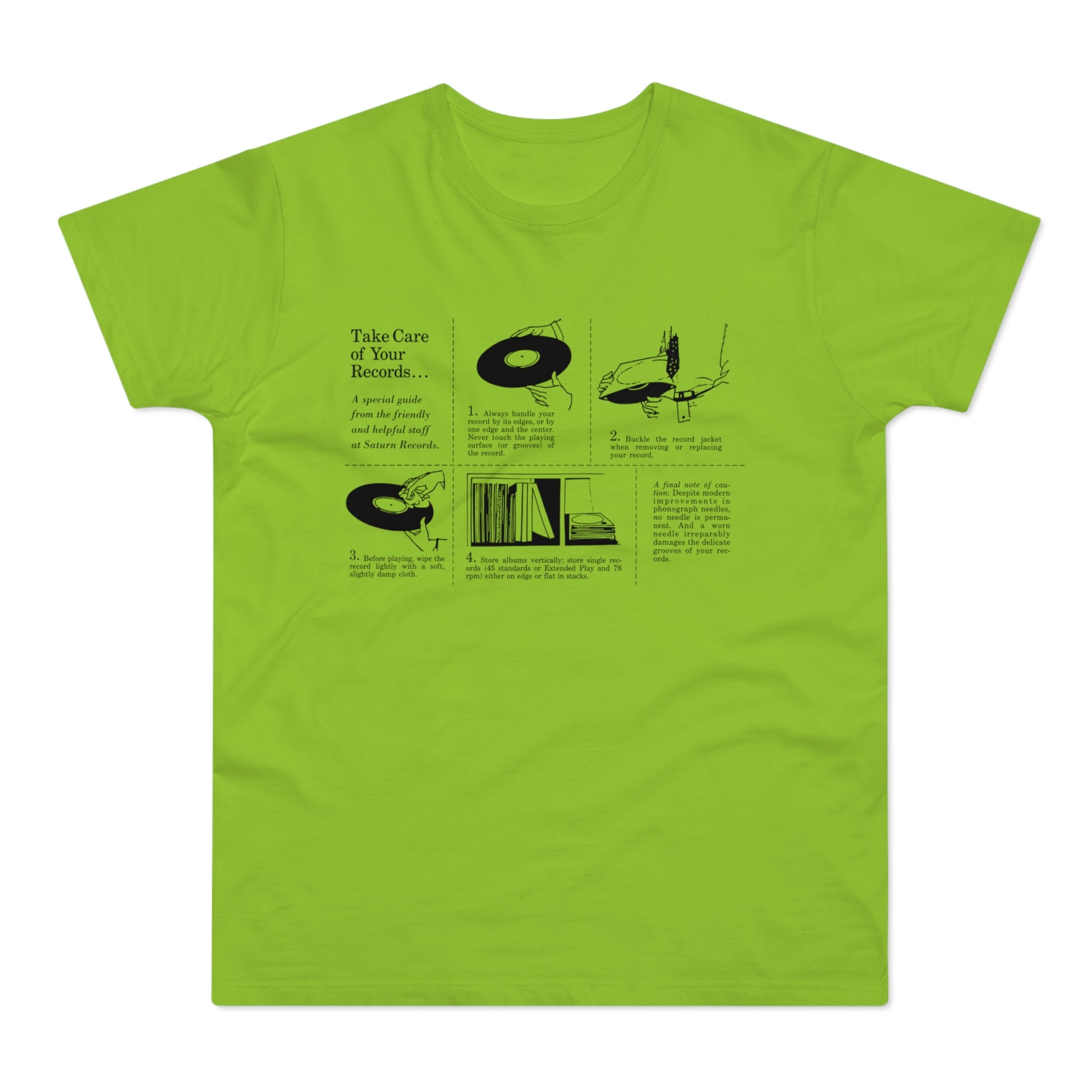 T-shirt with diagram and text about taking care of vinyl records.
