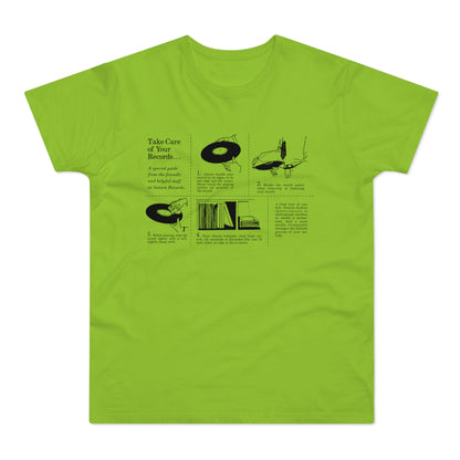T-shirt with diagram and text about taking care of vinyl records.