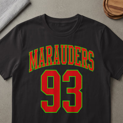 Black t-shirt with red "Marauders" text and red number "93" with green outlines.