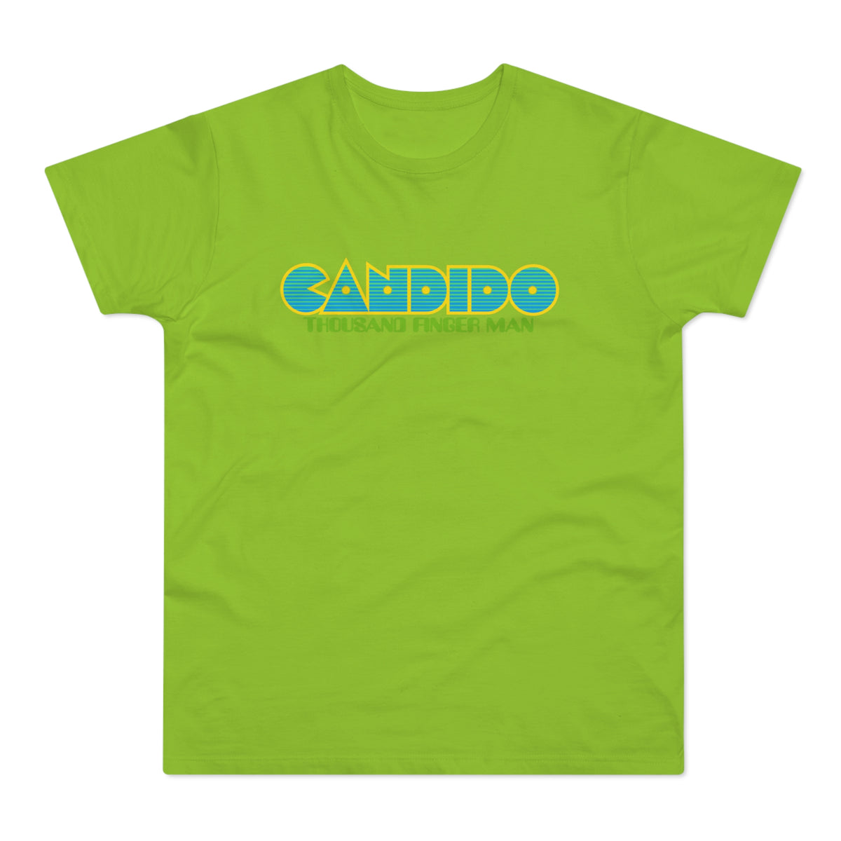 Lime green t-shirt with yellow and blue "CANDIDO THOUSAND FINGER MAN" graphic.