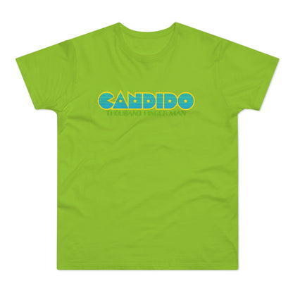 Lime green t-shirt with yellow and blue "CANDIDO THOUSAND FINGER MAN" graphic.