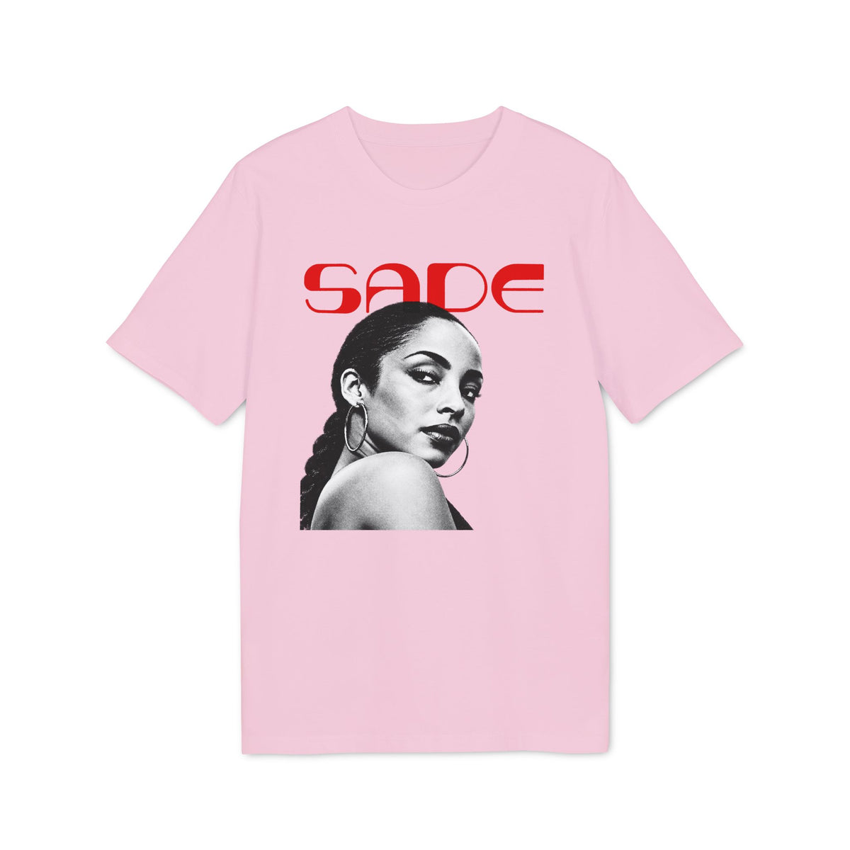 A light pink t-shirt featuring a black and white graphic of Sade with red text above it.