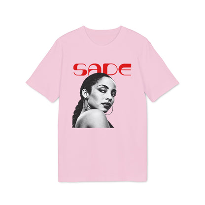 A light pink t-shirt featuring a black and white graphic of Sade with red text above it.