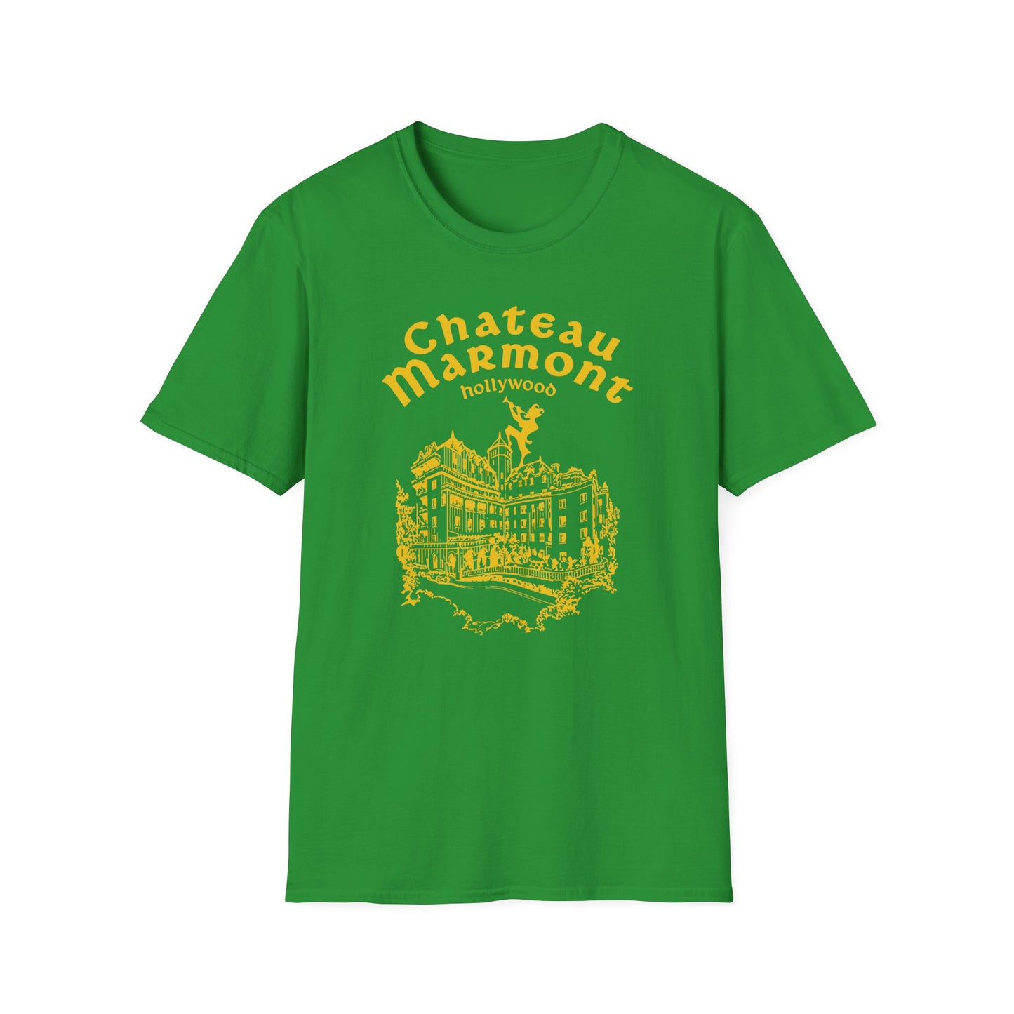 Green t-shirt with yellow Chateau Marmont Hollywood building graphic.