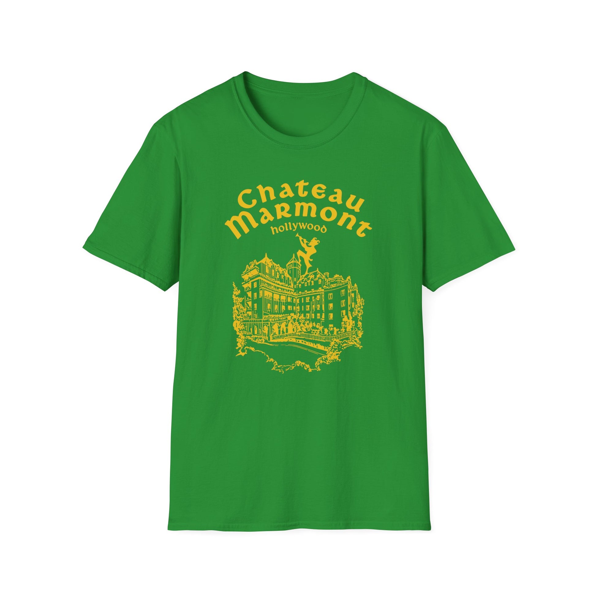 Green t-shirt with yellow Chateau Marmont Hollywood building graphic.