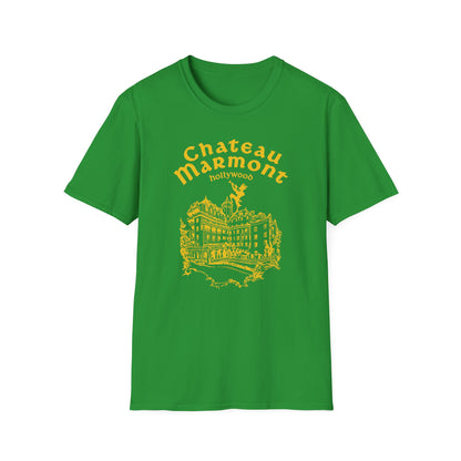 Green t-shirt with yellow Chateau Marmont Hollywood building graphic.