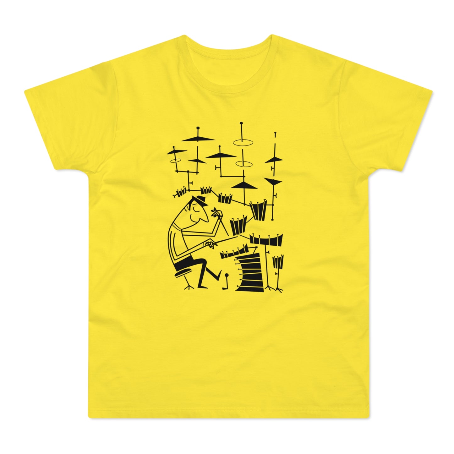 Black line drawing of a man playing drums on a yellow t-shirt.