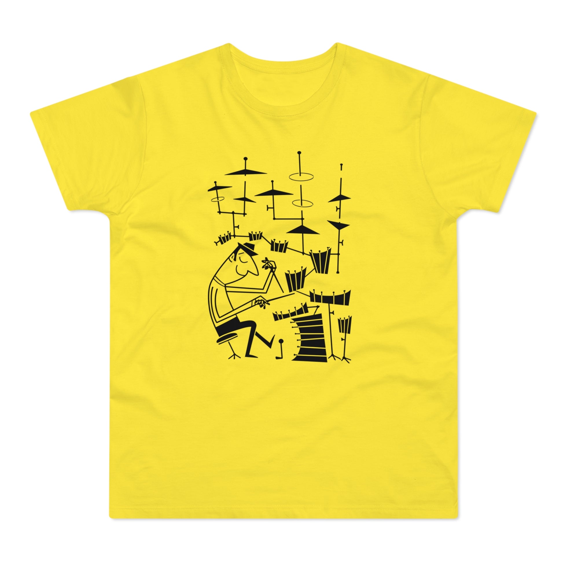 Black line drawing of a man playing drums on a yellow t-shirt.