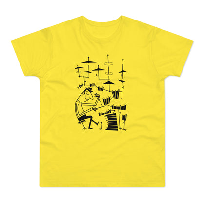 Black line drawing of a man playing drums on a yellow t-shirt.
