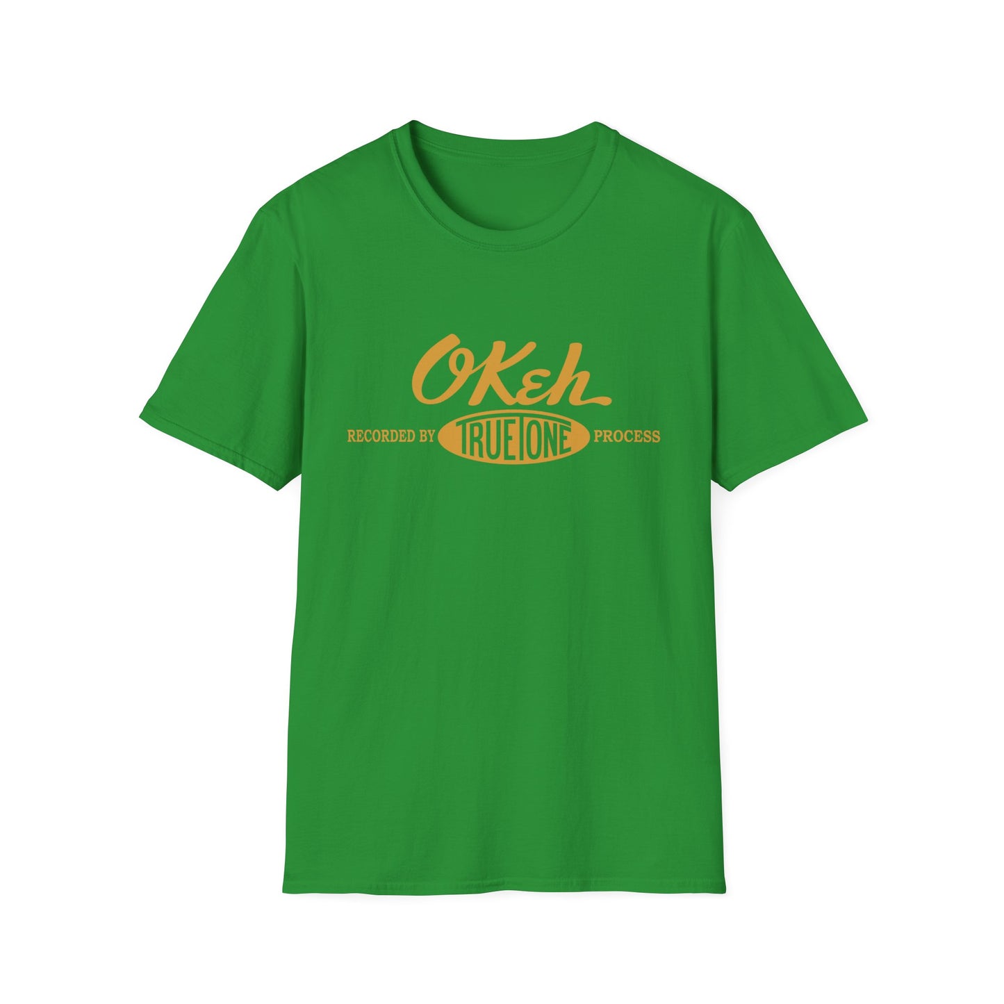 Green t-shirt with orange "O'Keh True Tone Process" text graphic.