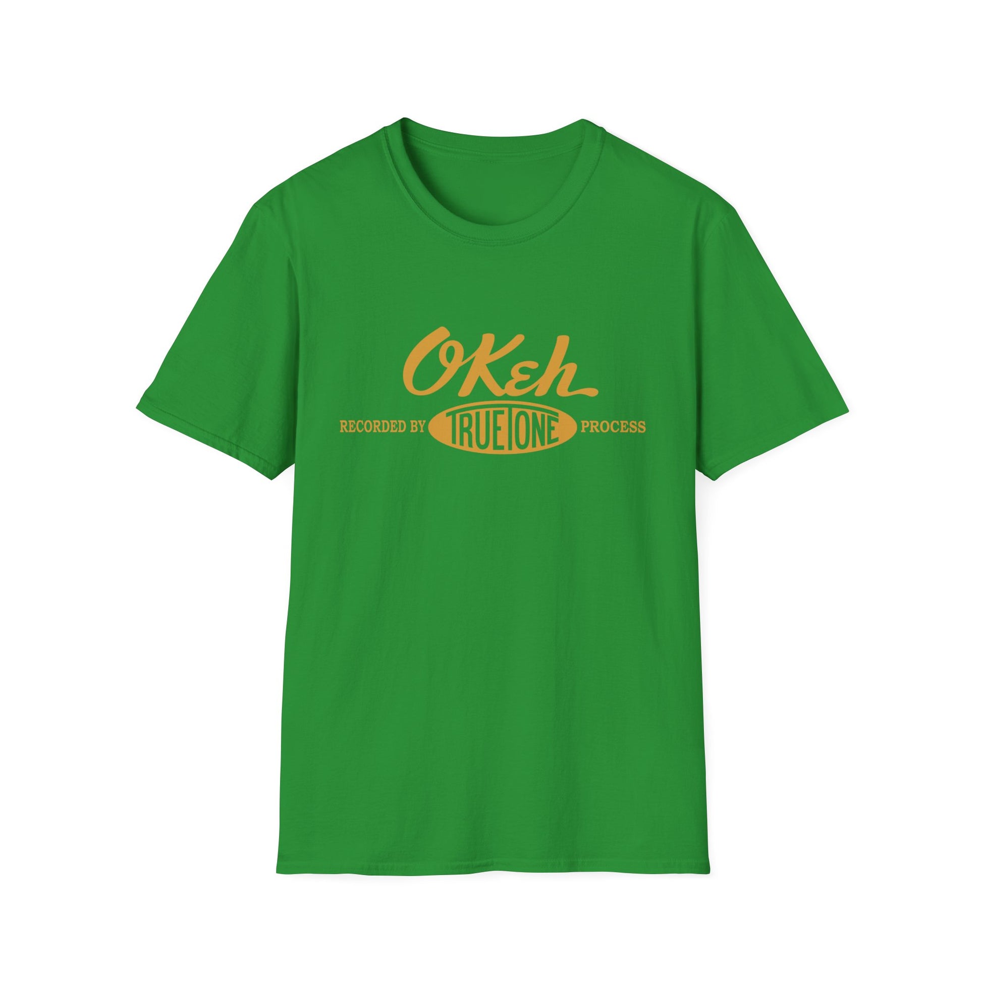 Green t-shirt with orange "O'Keh True Tone Process" text graphic.