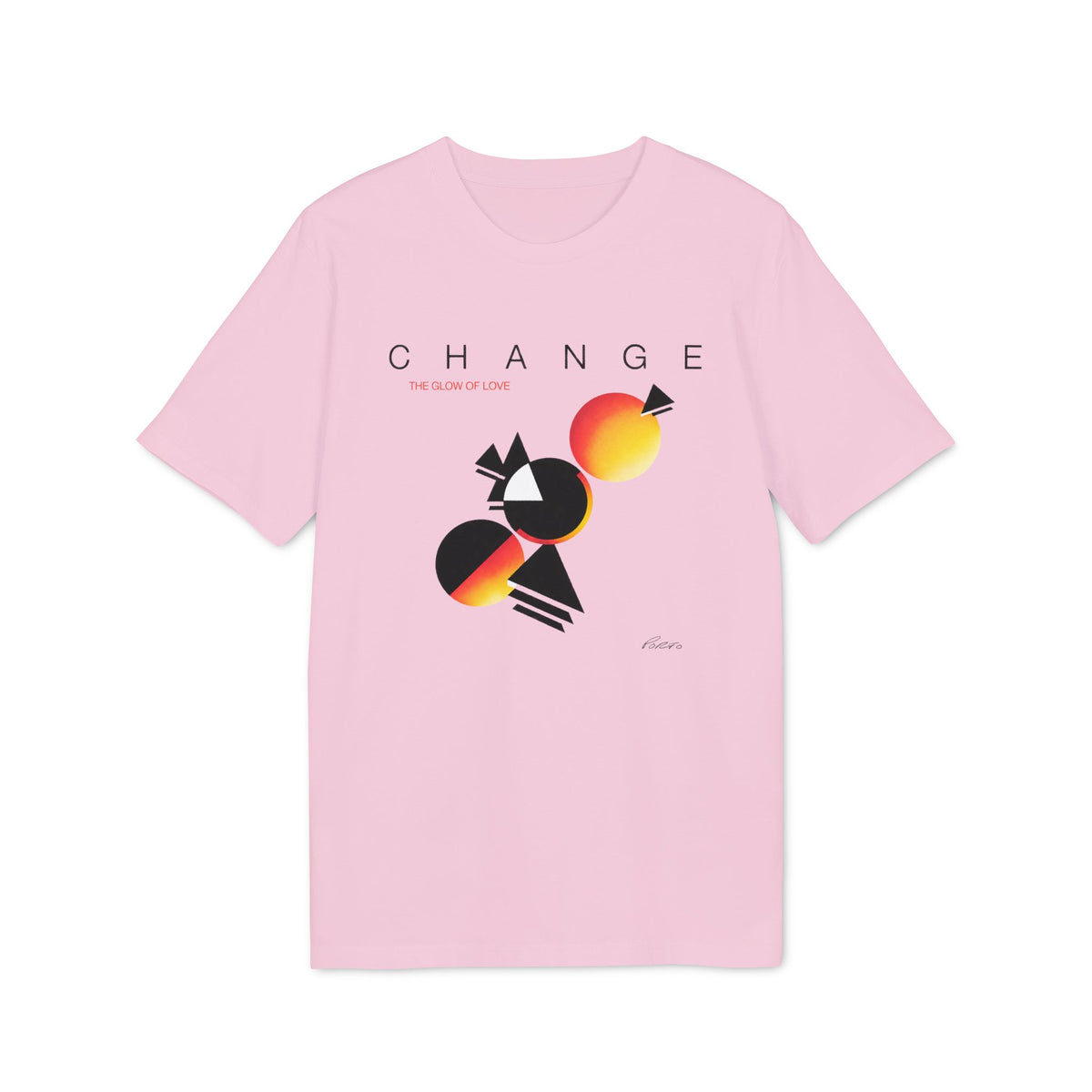 A light pink crewneck t-shirt featuring a black, red, and yellow abstract geometric design and the text CHANGE THE GLOW OF LOVE on the chest.