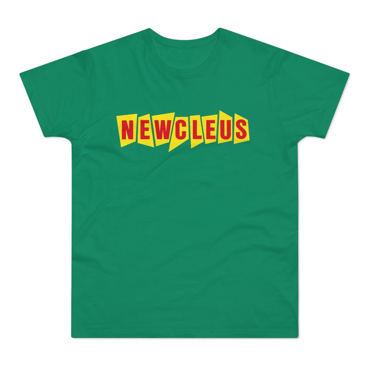 Green t-shirt with bold yellow and red "NEWCLEUS" text.