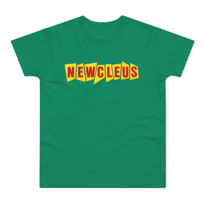 Green t-shirt with bold yellow and red "NEWCLEUS" text.