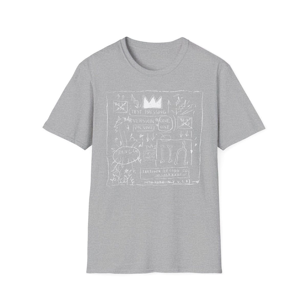 Grey t-shirt with white line art graphic featuring text and crown motif.