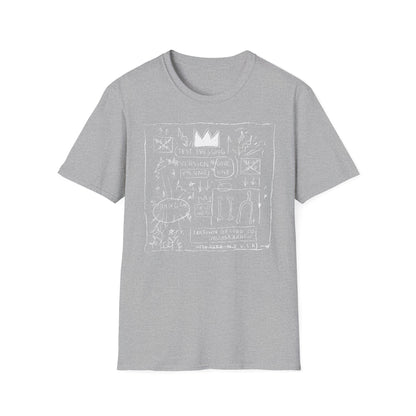 Grey t-shirt with white line art graphic featuring text and crown motif.