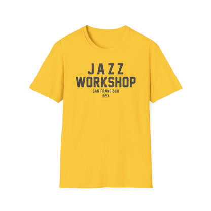 Yellow t-shirt with "Jazz Workshop San Francisco 1957" text.