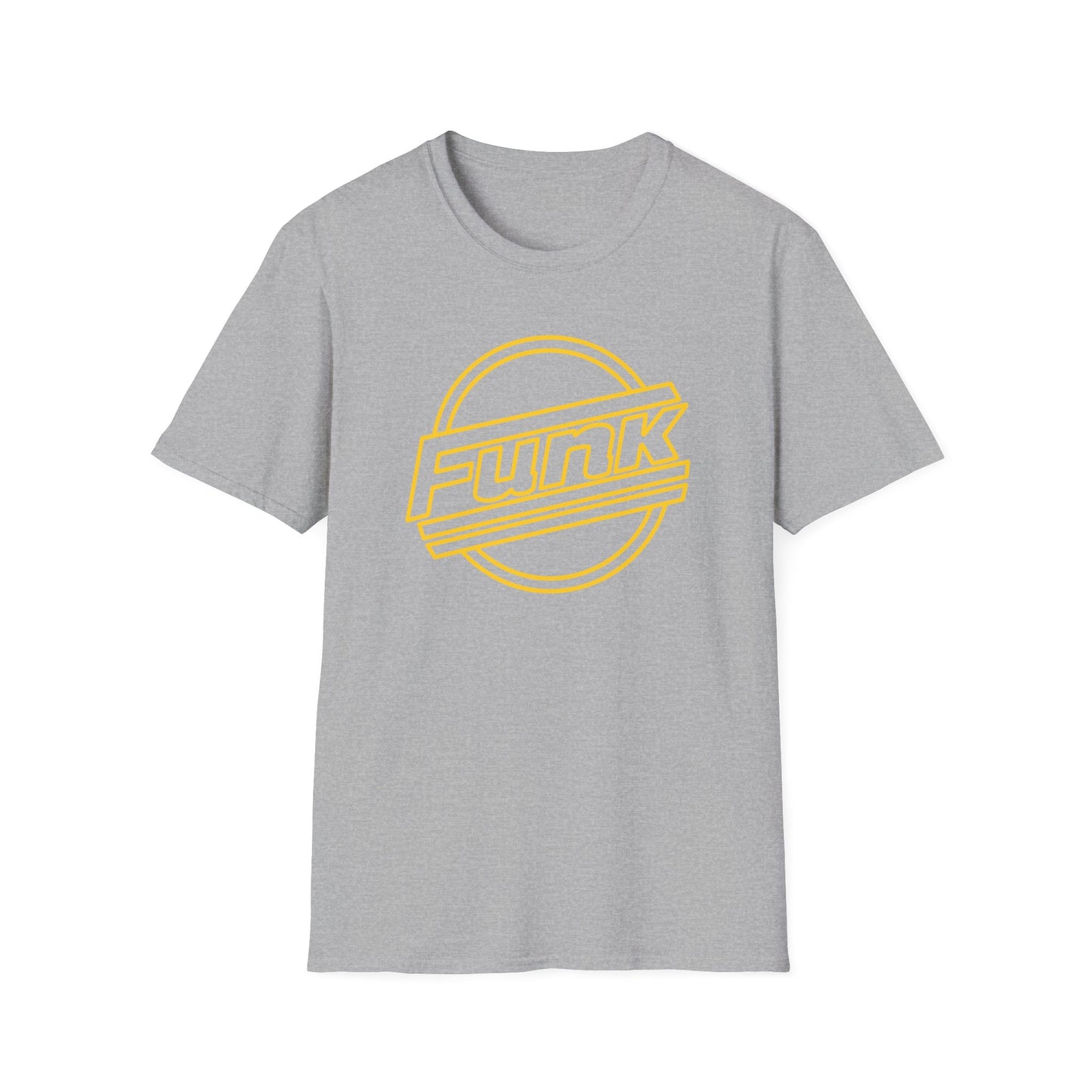 Grey t-shirt with a yellow circle logo and the word "Funk"