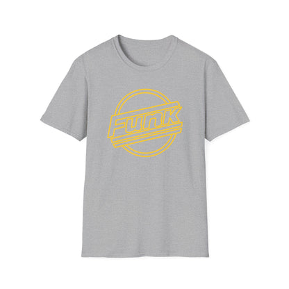 Grey t-shirt with a yellow circle logo and the word "Funk"