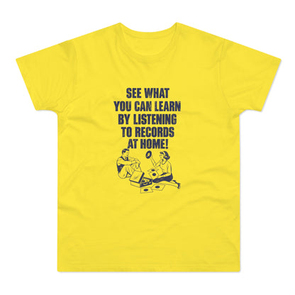 Yellow t-shirt with navy text and retro illustration about listening to records.