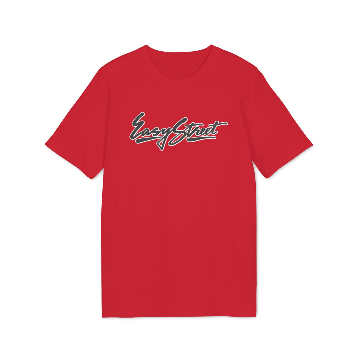 Bright red short-sleeved t-shirt featuring the white and black script text Easy Street on the chest.