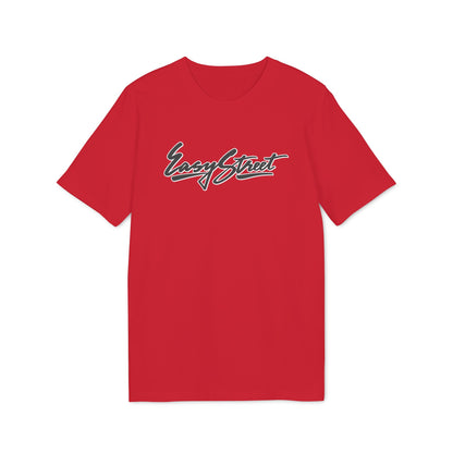 Bright red short-sleeved t-shirt featuring the white and black script text Easy Street on the chest.