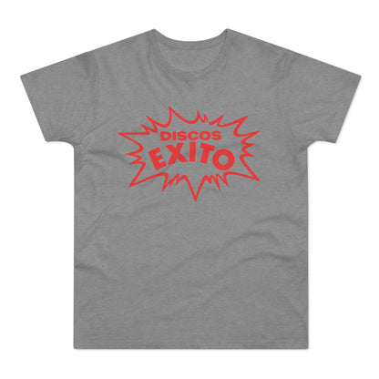 Grey t-shirt with red "Discos Exito" text in a starburst graphic.
