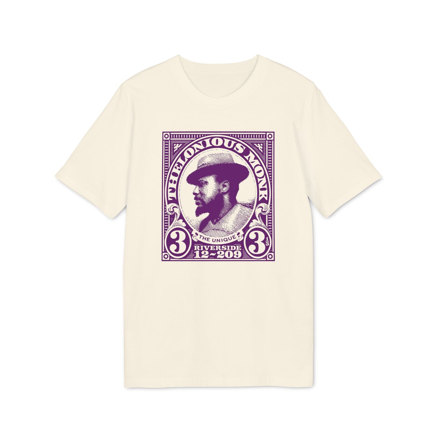 Cream t-shirt with purple Thelonious Monk stamp graphic and text.