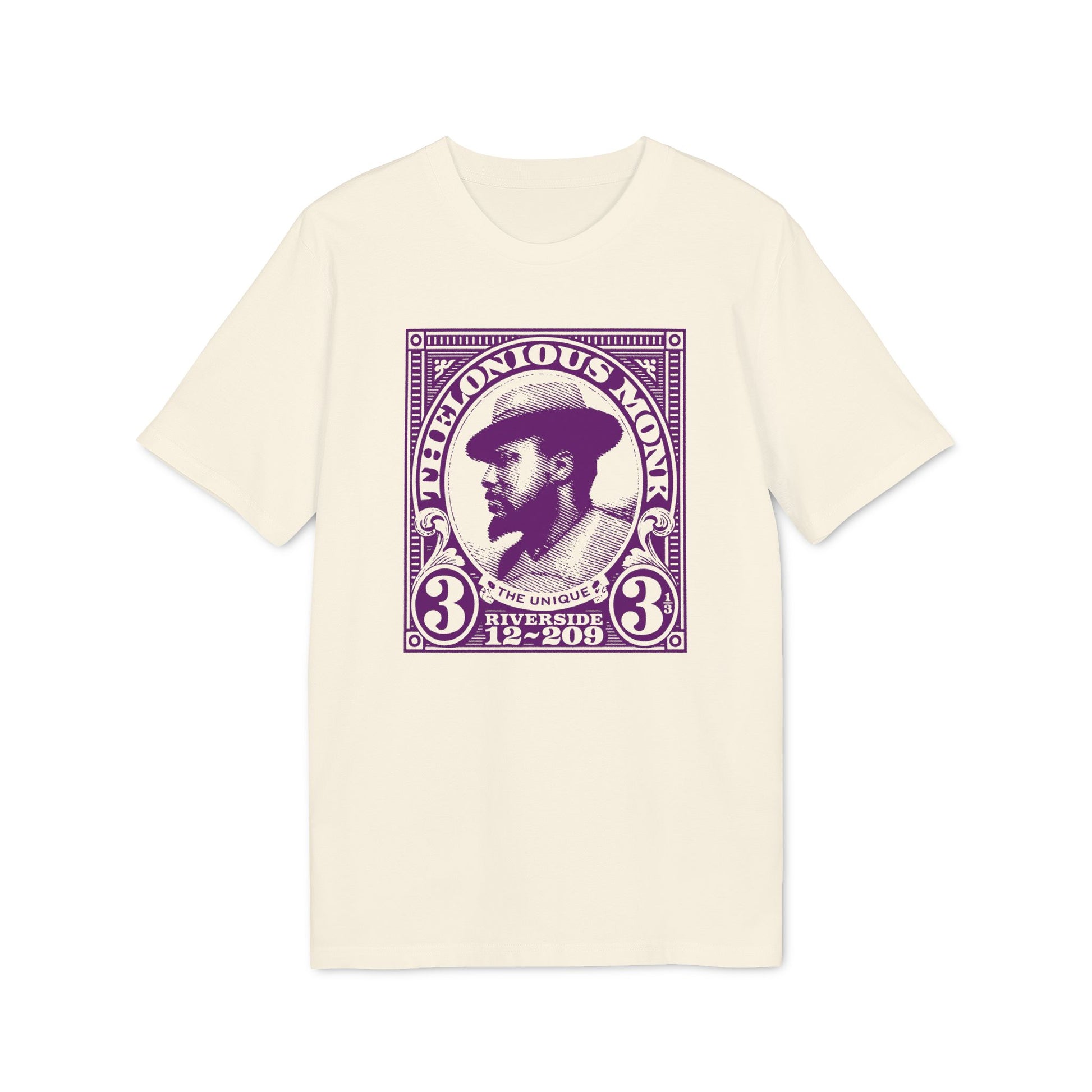 Cream t-shirt with purple Thelonious Monk stamp graphic and text.