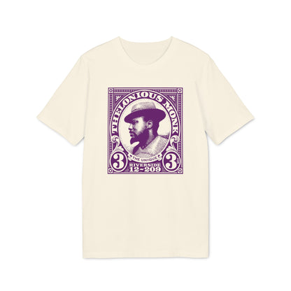 Cream t-shirt with purple Thelonious Monk stamp graphic and text.