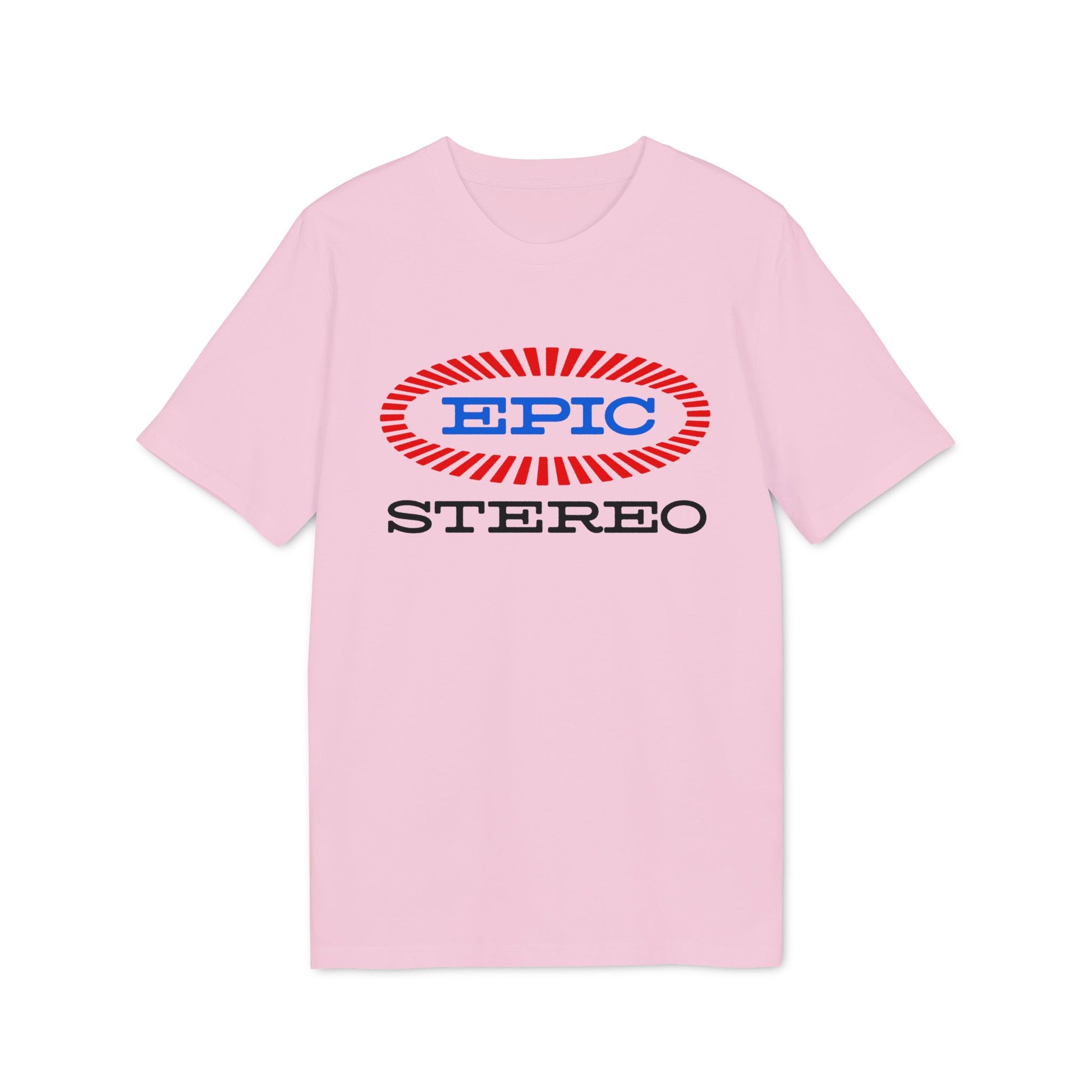 Pink t-shirt with "EPIC STEREO" logo.