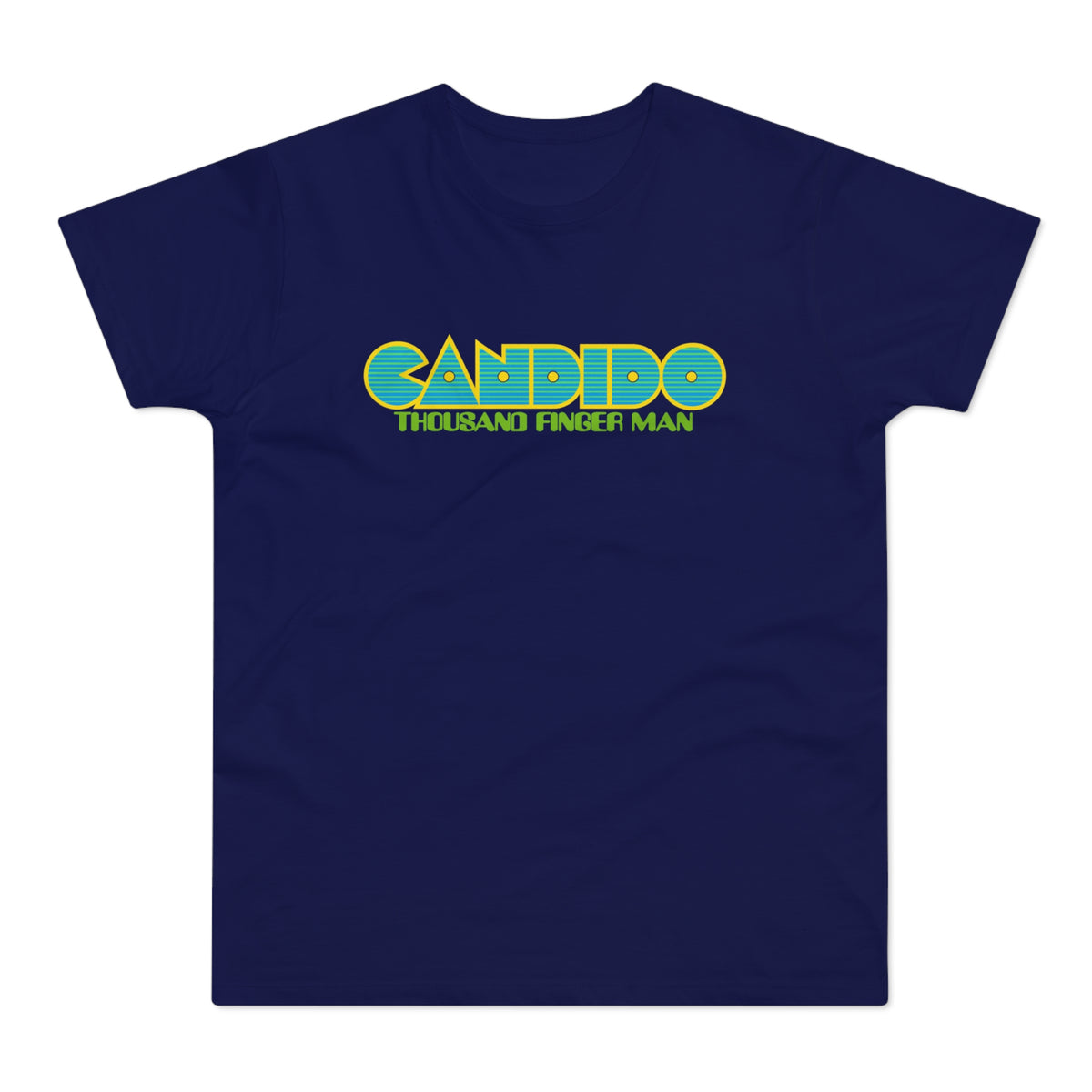 Navy t-shirt with yellow and blue "CANDIDO THOUSAND FINGER MAN" text.