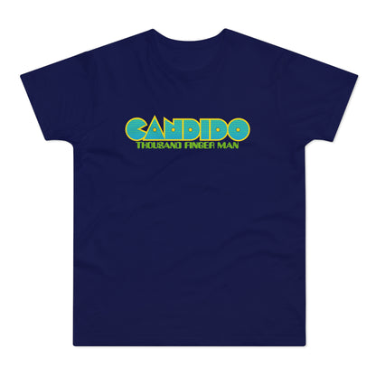 Navy t-shirt with yellow and blue "CANDIDO THOUSAND FINGER MAN" text.