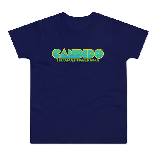 Navy t-shirt with yellow and blue "CANDIDO THOUSAND FINGER MAN" text.