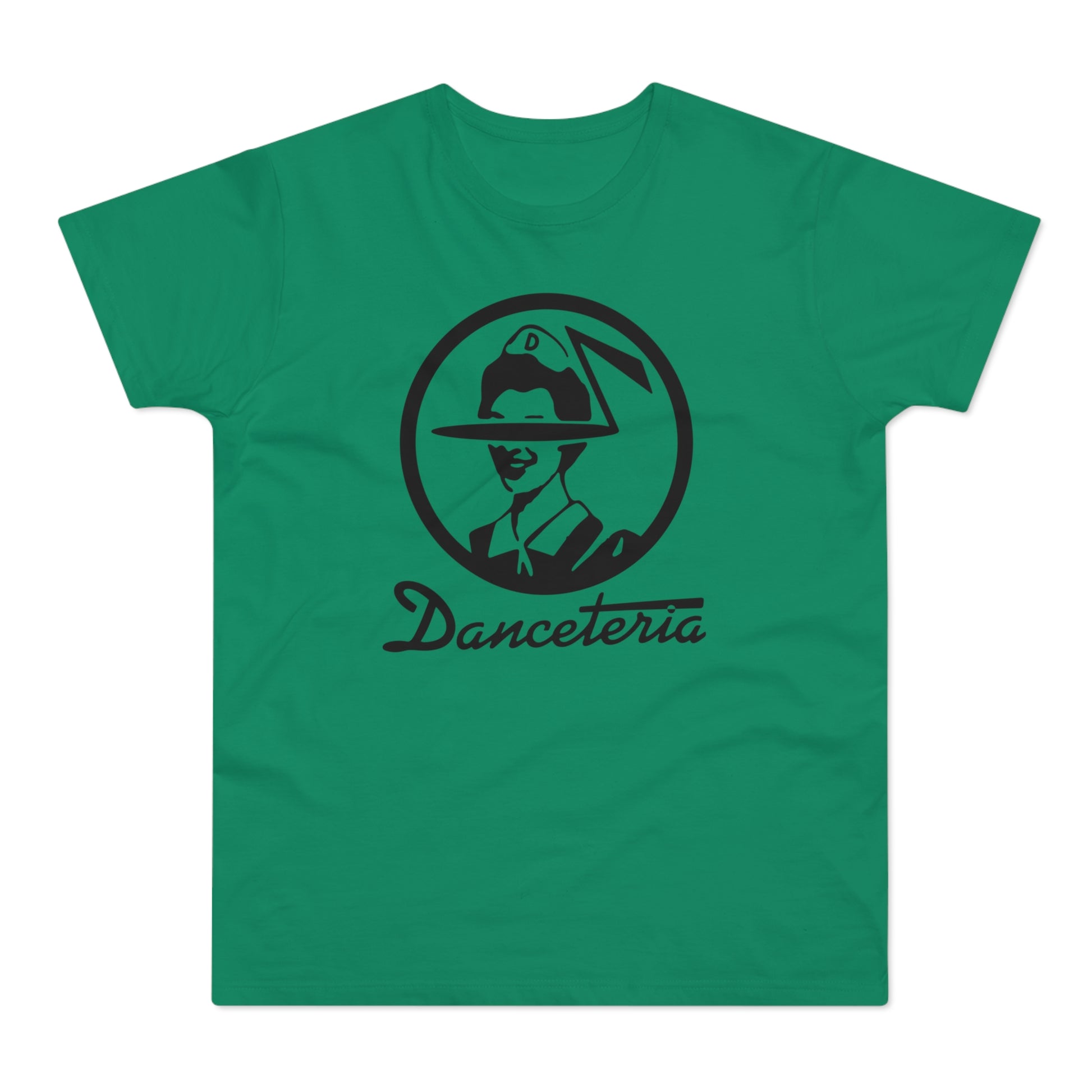 Green t-shirt with black vintage logo of a person in a hat and "Danceteria" text.