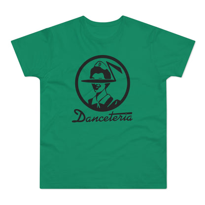 Green t-shirt with black vintage logo of a person in a hat and "Danceteria" text.