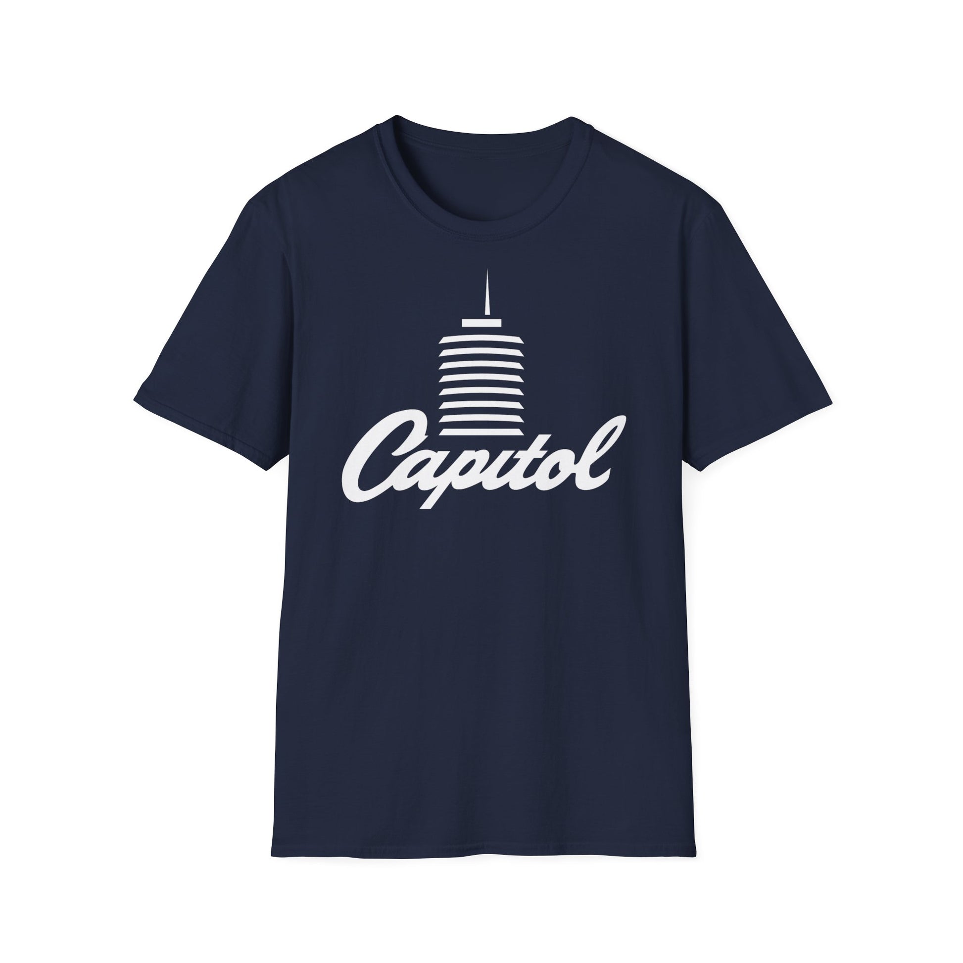 Navy blue t-shirt with white "Capitol" text and building graphic.