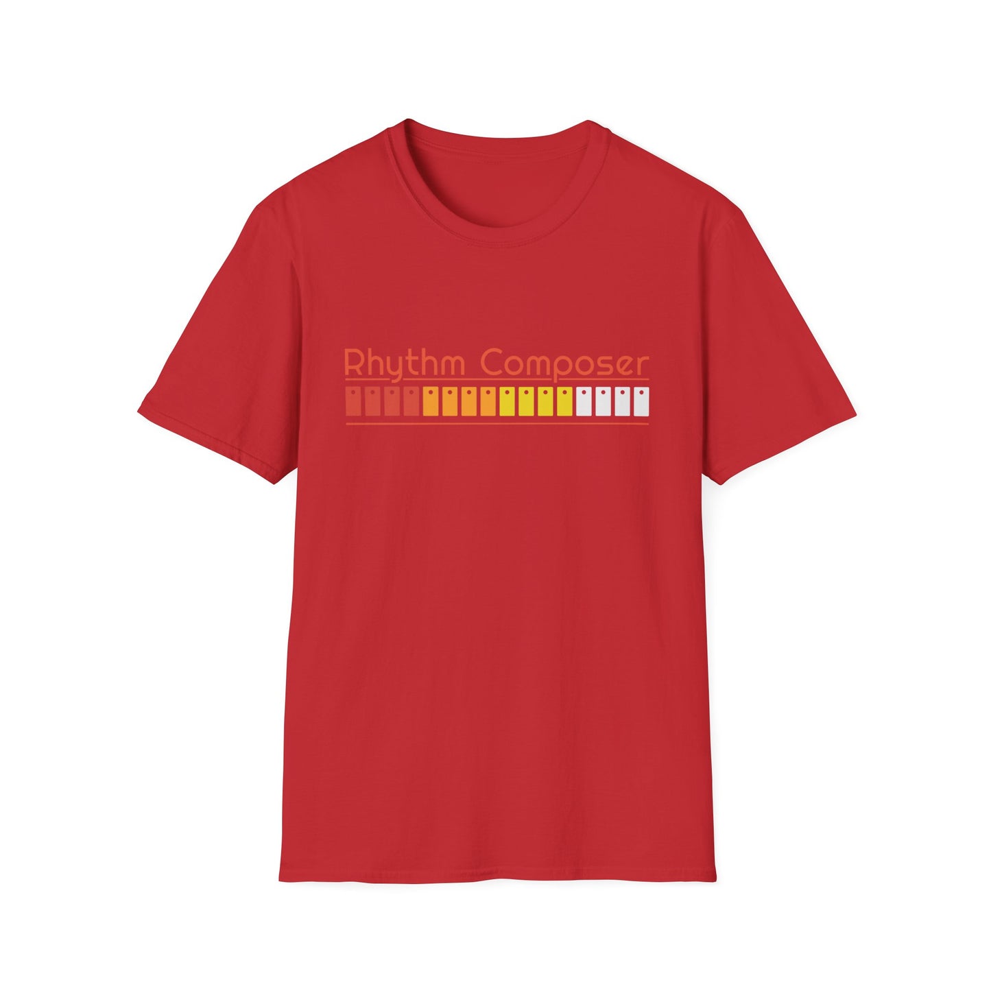Red t-shirt with "Rhythm Composer" text and a grid of colorful buttons.