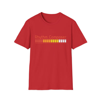 Red t-shirt with "Rhythm Composer" text and a grid of colorful buttons.